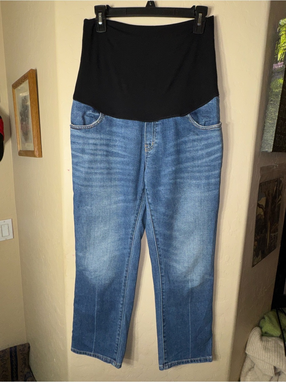 Hatch Maternity Blue Straight Leg Jeans Black Over Belly Panel Size 28